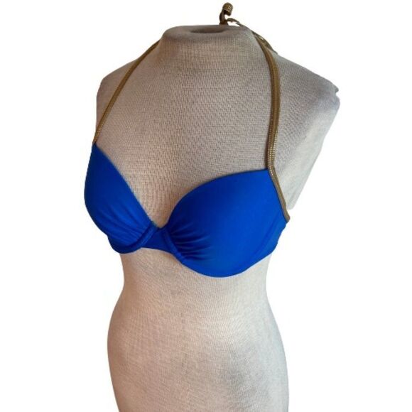 Aerie Swim Halter Bikini Top Blue Gold 34 C - Picture 1 of 5